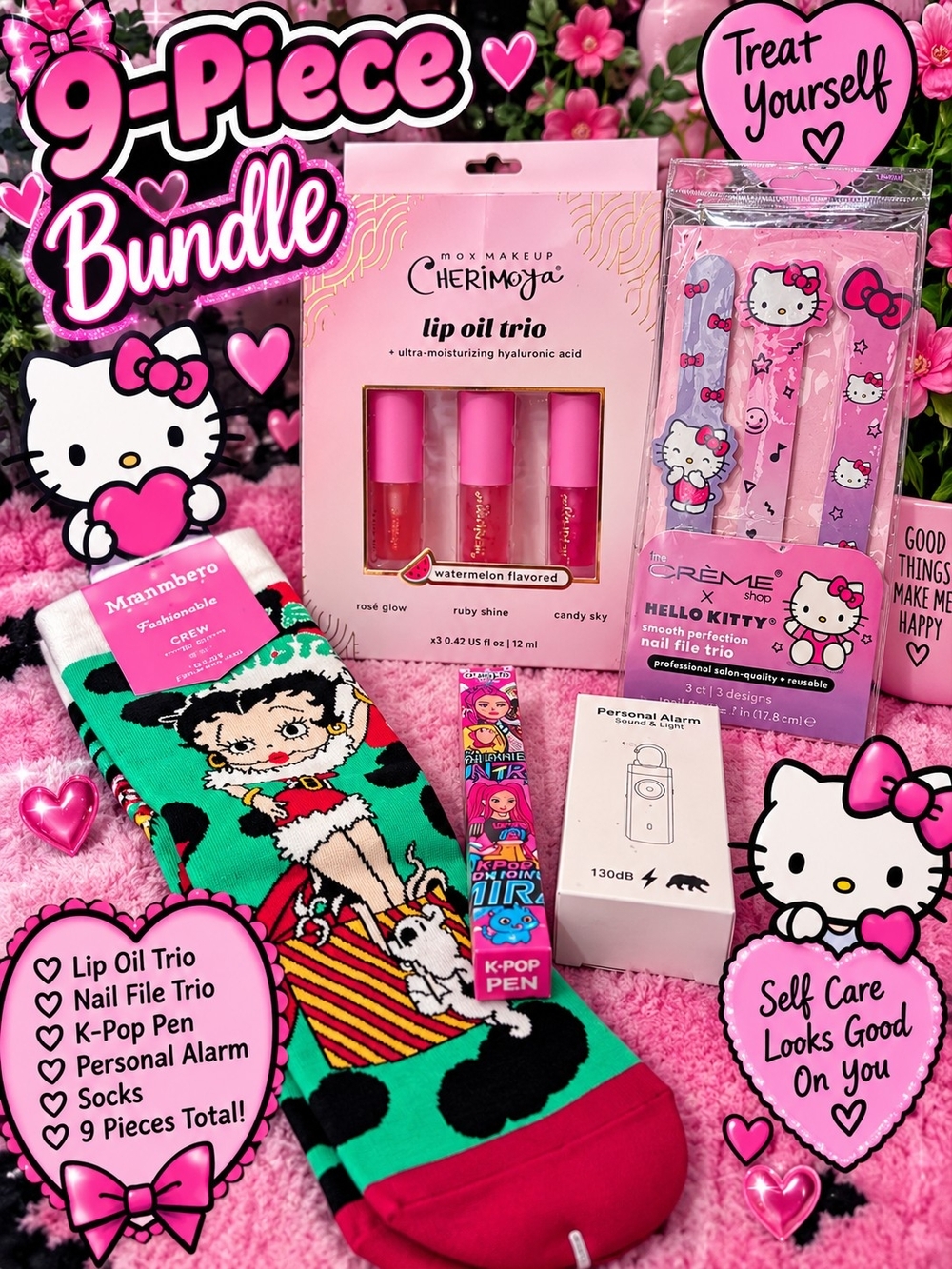 9 Peice Bundle Hello Kitty Pink Lip Oil Trio & Nail File Set Accessories Bundle